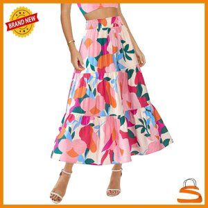 Floral Print Maxi Skirt with Pockets, Elastic Waist, A-Line Boho Style